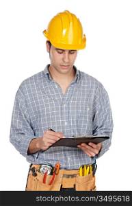 Attractive construction worker on a over white background