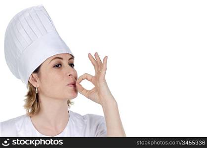 Attractive cook woman becoming lean the fingers a over white background