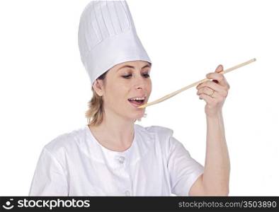 Attractive cook woman on a over white background