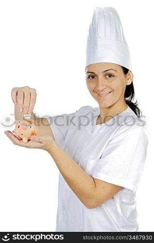 attractive cook woman saving money a over white background
