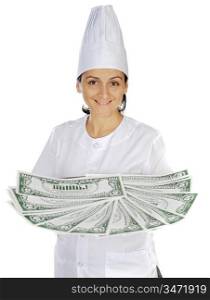 attractive cook woman saving money in its purchases and meals a over white background