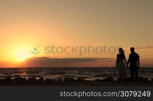Attractive couple in love holding hands, enjoying romantic evening on the beach while watching amazing yellow sunset during summer vacation. Back view. Slow motion. Romantic couple holding hands as they stand on seaside in glow of setting sun.