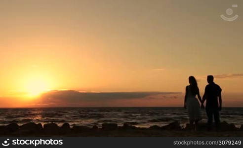 Attractive couple in love holding hands, enjoying romantic evening on the beach while watching amazing yellow sunset during summer vacation. Back view. Slow motion. Romantic couple holding hands as they stand on seaside in glow of setting sun.