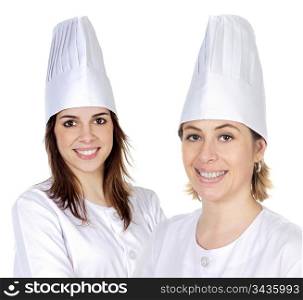 Attractive couple of cook girls on a over white background