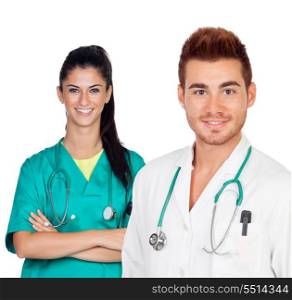 Attractive couple of doctors isolated of a white background