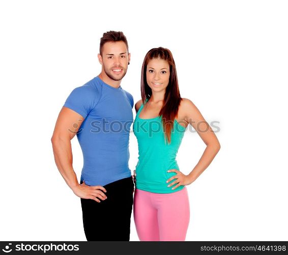Attractive couple training isolated on a white background