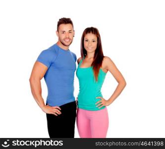 Attractive couple training isolated on a white background