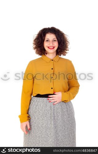 Attractive curvy girl with yellow shirt and red lips isolated on a white background