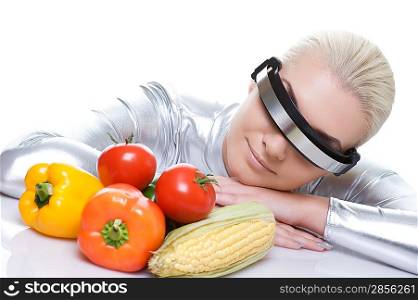 Attractive cyber woman with different vegetables