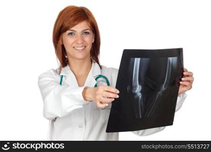 Attractive doctor looking a radiography isolated on a over white background