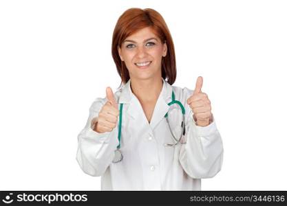 Attractive doctor saying Ok isolated on a over white background