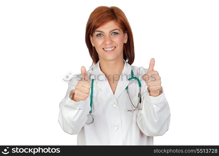 Attractive doctor saying Ok isolated on a over white background