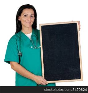 Attractive doctor with a blank slate isolated over white