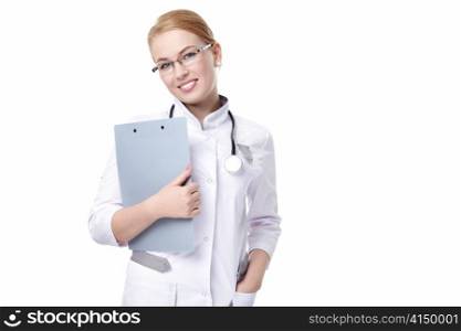 Attractive doctor with a clipboard and a stethoscope on a white background