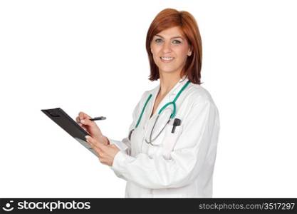 Attractive doctor with a clipboard isolated on a over white background