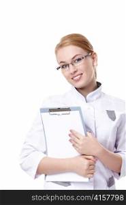 Attractive doctor with a clipboard on a white background