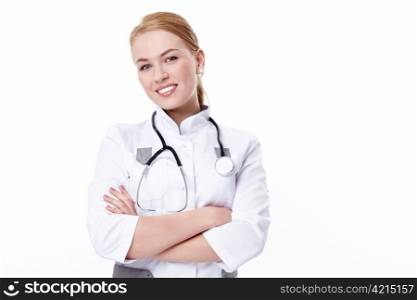 Attractive doctor with a stethoscope on a white background