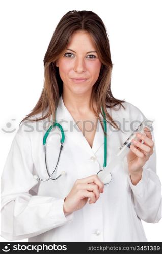 Attractive doctor with a syringe isolated on a over white background