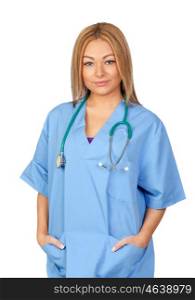 Attractive doctor with blue uniform isolated on white background