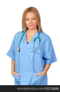 Attractive doctor with blue uniform isolated on white background
