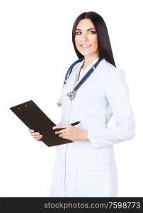 attractive doctor with folder and stethoscope on white background