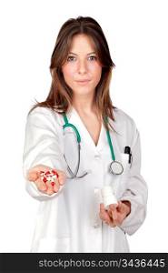 Attractive doctor with pills in hand isolated on a over white background