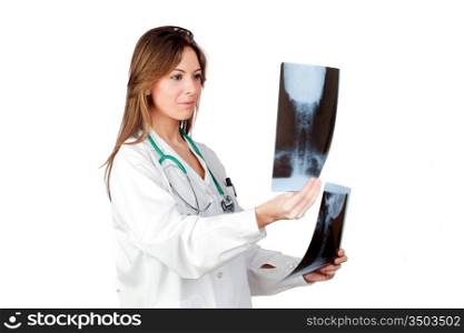 Attractive doctor with radiographs isolated on a over white background