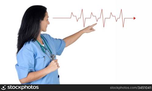 Attractive doctor woman pointing to a electrocardiogram isolated on white background