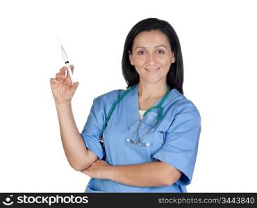 Attractive doctor woman prepared to make a vaccine isolated on white