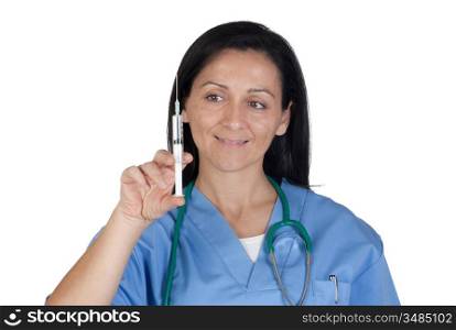 Attractive doctor woman prepared to make a vaccine isolated on white