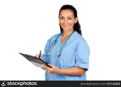 Attractive doctor woman signing isolated on white background