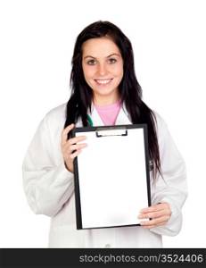Attractive doctor woman with blank paper on clipboard isolated on white background