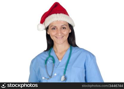 Attractive doctor woman with Christmas cup isolated on white