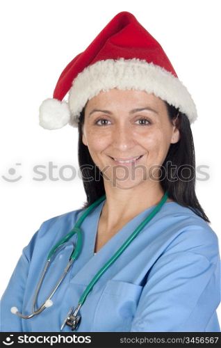 Attractive doctor woman with Christmas cup isolated on white