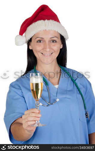 Attractive doctor woman with Christmas cup isolated on white