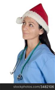 Attractive doctor woman with Christmas cup thinking isolated on white