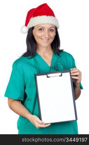 Attractive doctor woman with Christmas hat isolated on white