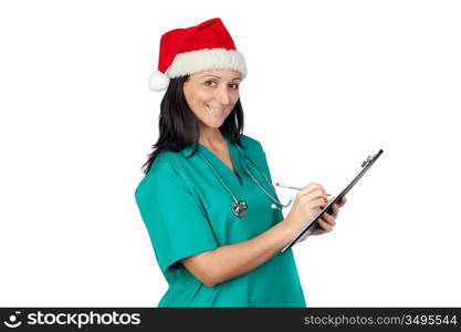 Attractive doctor woman with Christmas hat isolated on white