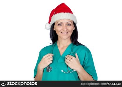 Attractive doctor woman with Christmas hat isolated on white