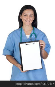 Attractive doctor woman with clipboard isolated on white background