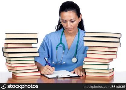 Attractive doctor woman with many books writing isolated on white background