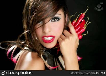 Attractive fashion brunette with red hot chili peppers