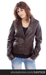 Attractive fashion girl in leather jacket isolated on white