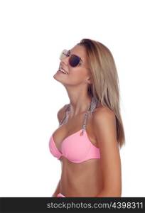 Attractive fashion woman with sunglasses and pink bikini isolated on a white background
