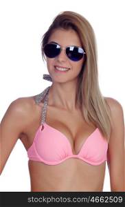 Attractive fashion woman with sunglasses and pink bikini isolated on a white background