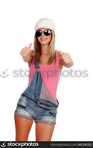 Attractive fashion woman with sunglasses saying Ok isolated on a white background