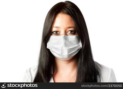attractive female brunette nurse in mask isolated on white background