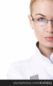 Attractive female doctor in glasses close up