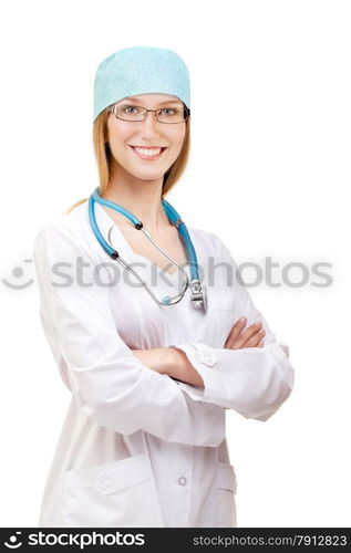 Attractive Female Doctor or Nurse Standing with Stethoscope