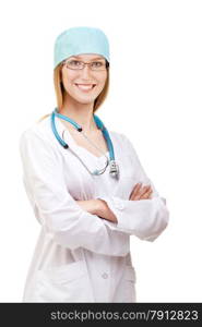 Attractive Female Doctor or Nurse Standing with Stethoscope